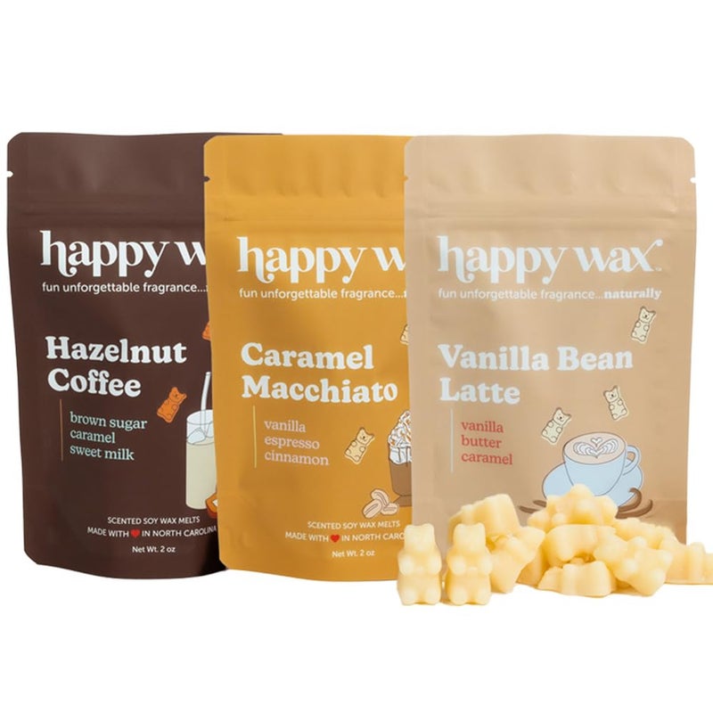 هابي واكس مجموعة Happy Wax Coffee Mix Collection ذوبان شمع الصويا الطبيعي المعطر - إجمالي 6 أوقية. مجموعة الشمع المعطر المذاب تتضمن 2 أونصة من قهوة البندق، 2 أونصة من حبوب الفانيليا لاتيه و2 أونصة من الكراميل ماكياتو - Image 1
